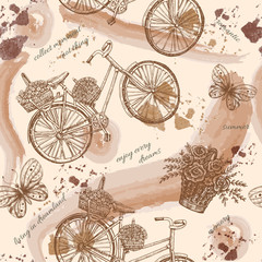 Seamless pattern Bicycle hand drawn vector sketch, ink illustration old bike with floral basket isolated on white background, vintage decorative style for design wedding invitation, greeting card
