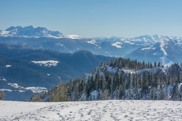 Fototapeta na wymiar Fußspuren im Schnee auf den Bergen mit Wäldern