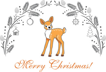 Christmas greeting card with cute baby deer