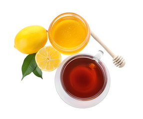 Fresh tea and honey on white background, top view
