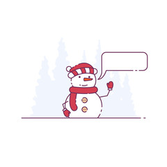 Cute snowman rise hand and saying something. Snow forest on background. Christmas hat, red scarf and mittens. Speech bubble or call-out message template.