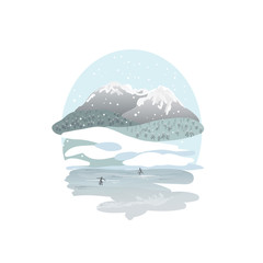 Winter mountains and lake. Vector, snowy landscape. Ice rink on the lake. Skaters.
