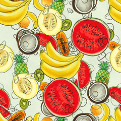 Hand drawn pattern with bananas, coconuts, pineapples. Seamless summer background.