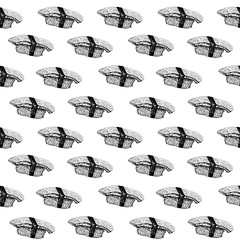 Sushi pattern. Hand-drawn japanese food sushi and rolls on a white background. Seamless vector backdrop. Black and white