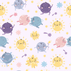 Vector seamless pattern, starry sky. Space galaxy, cute planets of the solar system. Pastel colors. For babies and children