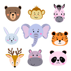 Set of cute  simple animals heads - bear, monkey, zebra, rabbit, elephant, tiger, deer, hippo, panda. Сartoon Portrait Set with Flat Design. Vector illustration
