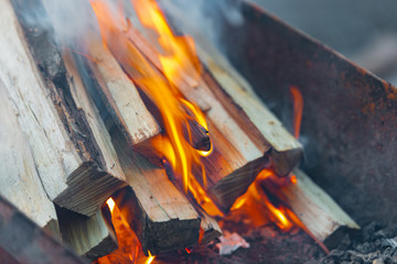 Fototapeta premium Burning logs for kindling a fire, flame and smoke on fire. Logs in a barbecue for frying meat.