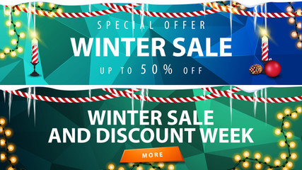 Winter discount banners with polygonal background, garlands and icicles