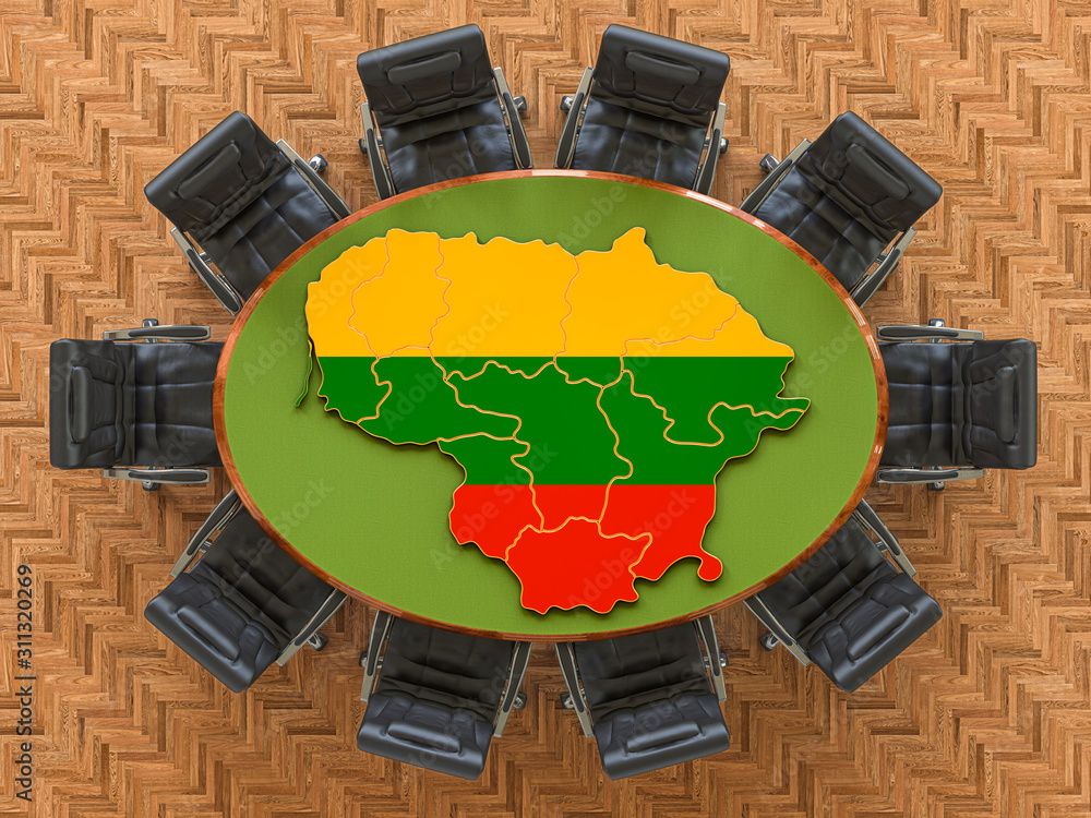 Poster lithuanian goverment meeting. map of lithuania on the round table, 3d rendering