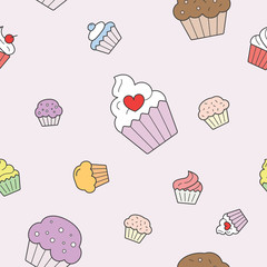 Cupcake background - Vector color seamless pattern of sweet, dessert, muffin, cake and snack for graphic design