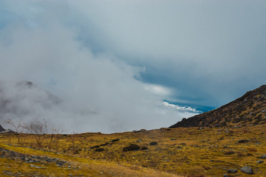 Nathang Valley clouds over mountains
