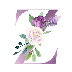 Floral alphabet, letter z with watercolor violet flowers and leaf. Botanical monogram initials perfectly for wedding invitations, greeting card and other. Holiday design hand painting. 