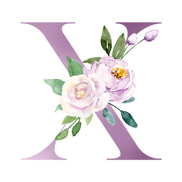Floral alphabet, letter x with watercolor violet flowers and leaf. Botanical monogram initials perfectly for wedding invitations, greeting card and other. Holiday design hand painting. 