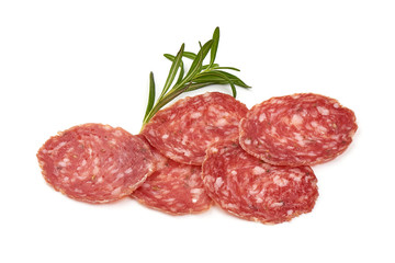 Cured salami sausage, Italian cuisine, isolated on white background