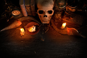 Skull and magic items.