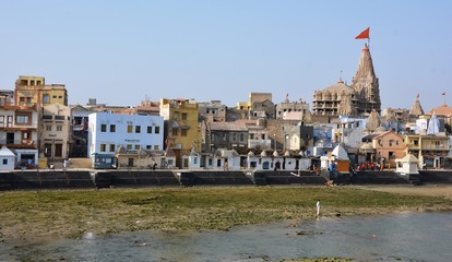View on the ghat and  the city of Dwarka, Gujarat, India