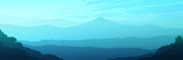  Natuurlijk bos bomen bergen horizon heuvels en de route Zonsopgang en zonsondergang Landschap behang Illustratie vector stijl Kleurrijke weergave background © Chakkree