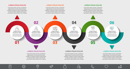 Vector flat template circle infographics. Business concept with 6 options and arrows. Six steps for content, flowchart, timeline, levels, marketing, presentation, graph, diagrams, slideshow