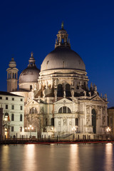 Basilica Santa Maria della Salute illuminated at night, Grnad Canal, Dorsoduro, Venice, Veneto, Italy