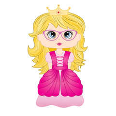 Greeting card cute little princess in crown and in beautiful red dress isolated on a white background.