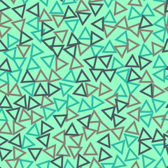 Empty triangles - seamless pattern. Brown, gray, blue triangles and turquoise background. For wrappers, fabrics, floor or walls in bathroom or kitchen; for tablecloth, paper.