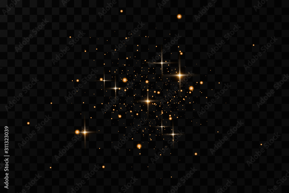 Wall mural gold sparks and golden stars glitter special light effect. vector sparkles on transparent background