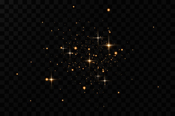 Gold sparks and golden stars glitter special light effect. Vector sparkles on transparent background. Christmas abstract. dust
