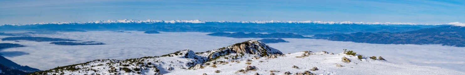 Fototapeta na wymiar Panoramic view from the top of the Peca mountain, Slovenia