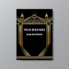 Art Deco page template, retro  style for web and print, Greece columns   geometric pattern with golden lines. Modern design for menu or flyer, luxury gentle 