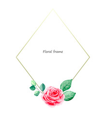 Watercolor frame with decor in the form of rose buds and green petals. Floral wreath with space for text, on white background.