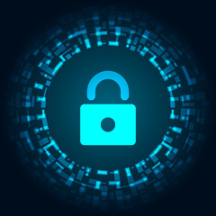 Cyber security illustration, blue light lock icon in data digital circle on dark background.