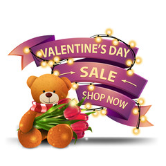Valentine's day sale, shop now, pink discount banner in form of ribbon wrapped with garland. Isolated discount banner with Teddy bear with a bouquet of tulips