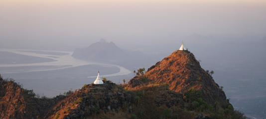 Sunset seen on top of the Mount Zwegabin Pagoda in Hpa-An, Myanmar / Burma.
