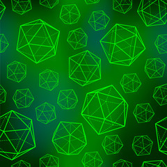 Geometric pattern with icosahedral 3d forms. Volumetric neon shapes polyhedrons on blur background.