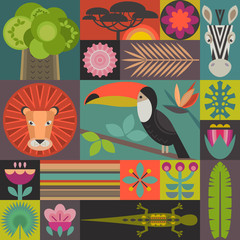 Vector seamless pattern with geometric cartoon African animals, jungle plants and trees. Patchwork mosaic design.