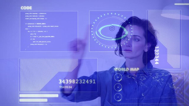 Front view of caucasian beautiful woman using virtual reality device screen in office