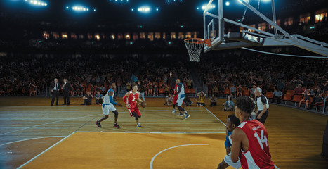 Basketball players on big professional arena during the game. Tense moment of the game. Celebration