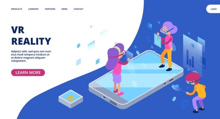 Fototapeta na wymiar Virtual reality web page. Augmented reality isometric vector concept. Modern person character design. Virtual reality, vr web page, smart isometric gadget illustration