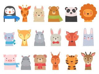 Cute baby animals. Children funny wild alphabet animals hippo fox bear vector hand drawn collection. Illustration cute fox and giraffe, character cat and hippopotamus