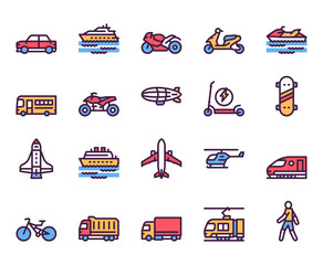 Transport types linear color vector icons set - obrazy, fototapety, plakaty