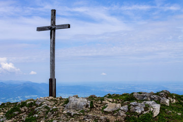 Peak and Summit Cross of Mount Hochries, 1596 m in Chiemgauer Alps, Ostalpen, located in Samerberg,...