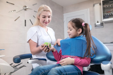 Young caucasian girl with healthy teeth and happy smile visiting dentist's office for prevention of oral cavity. Child and doctor while checkup. Healthy lifestyle, healthcare and medicine concept.