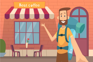 Video blogger character. Young man teaching entertainment online education product review blogging vector concept. Illustration blogger travel, blog video character