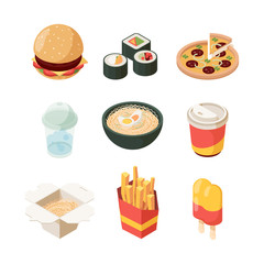 Junk food. Unhealthy products burger pizza hot dog fast food isometric vector pictures fast lunch. Pizza and burger, sushi and delicious french fries illustration