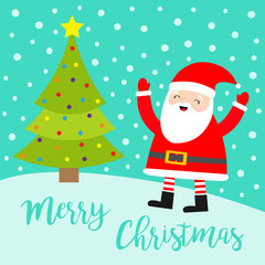 Santa Claus waving hands on snowdrift. Merry Christmas tree. Costume, red hat, golden belt, beard. Cute cartoon kawaii funny smiling baby character. New Year. Greeting card. Blue snow background.