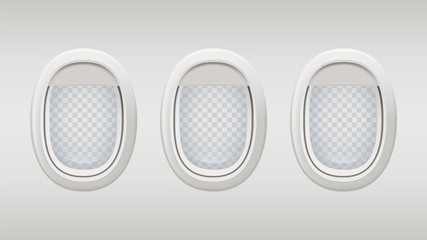 Airplane windows. Inside realistic plane windows vector template. Portholes grey background with transparent elements. Plane inside porthole, aircraft cabin illustration