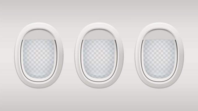 Airplane windows. Inside realistic plane windows vector template. Portholes grey background with transparent elements. Plane inside porthole, aircraft cabin illustration