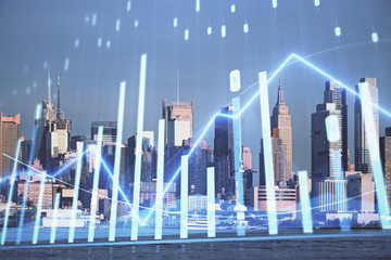 Forex graph on city view with skyscrapers background double exposure. Financial analysis concept.