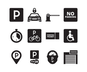 Parking icon. Transportation silhouette symbols cars bikes cash garage vehicles park vector collection set. Illustration park vehicle garage, transport location service illustration