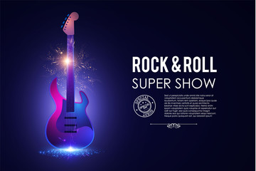 Music poster with electirc quitar. Shining rock & roll concert flyer template.